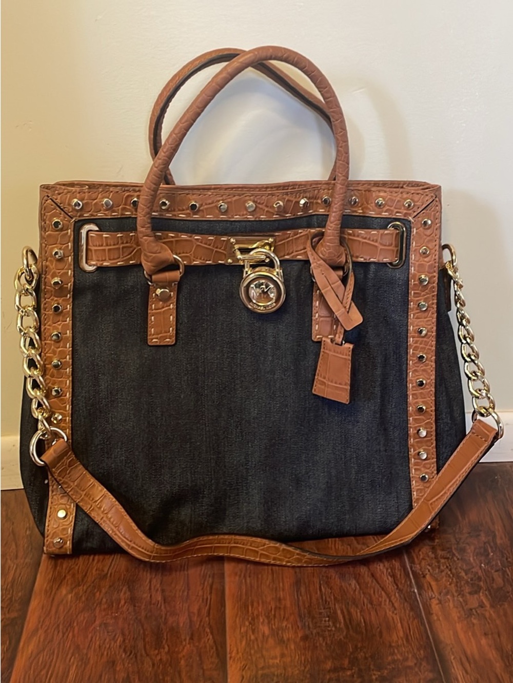 Michael Kors Hamilton Dark Denim Tote Brown Studded Croc-Trim and Gold Hardware